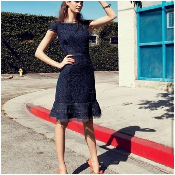 Adrianna Papell Dresses & Skirts - Adrianna Papell Navy Blue Lace Fit & Flare Cocktail Party Mini Dress Size 8